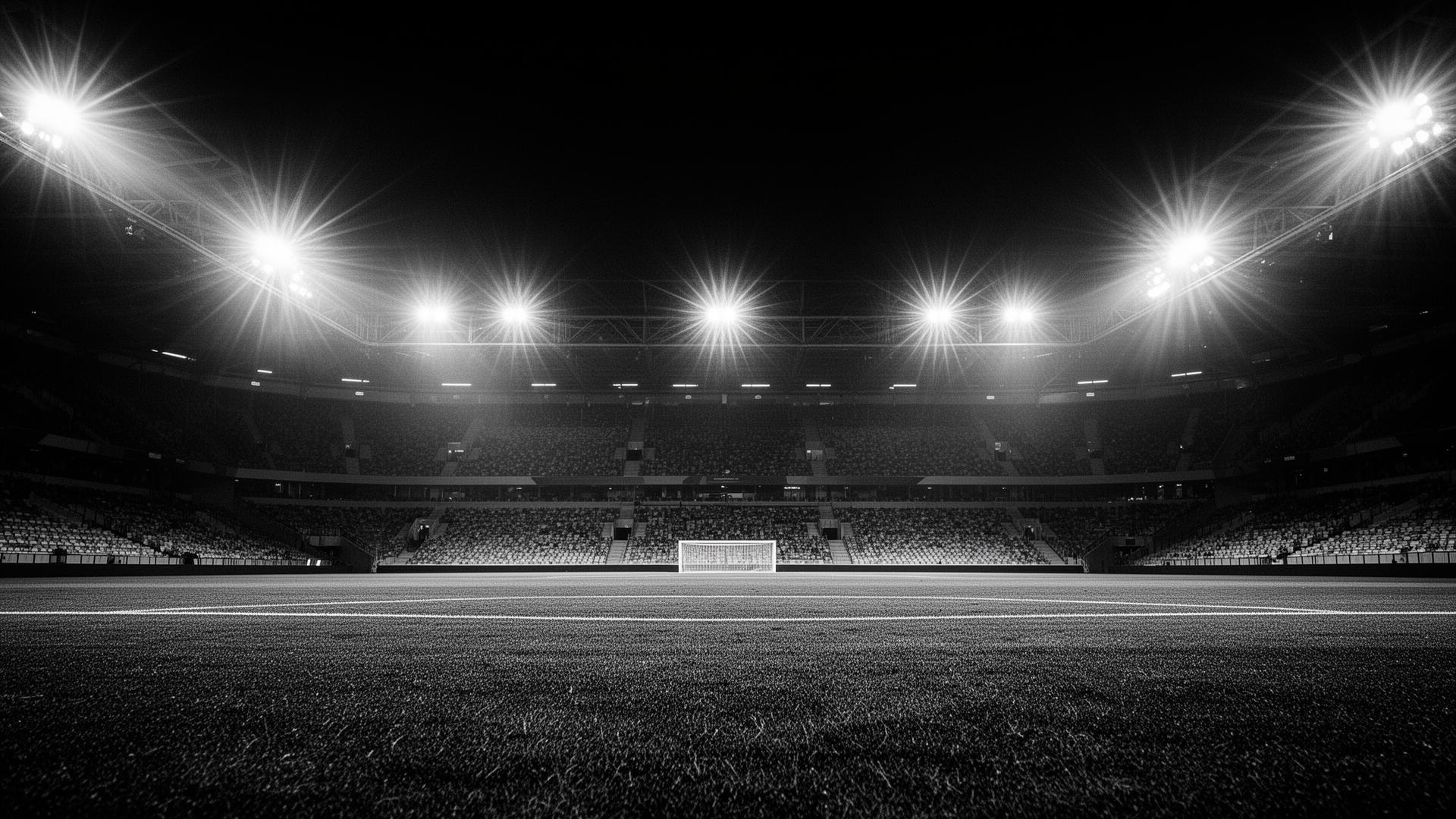 Empty floodlit football stadium at night